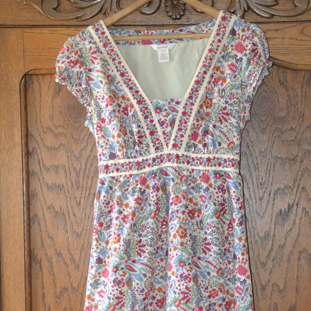 SUNDANCE Empire Waist Jane Austen Regency Style Cotton Print Midi Dress SZ 8